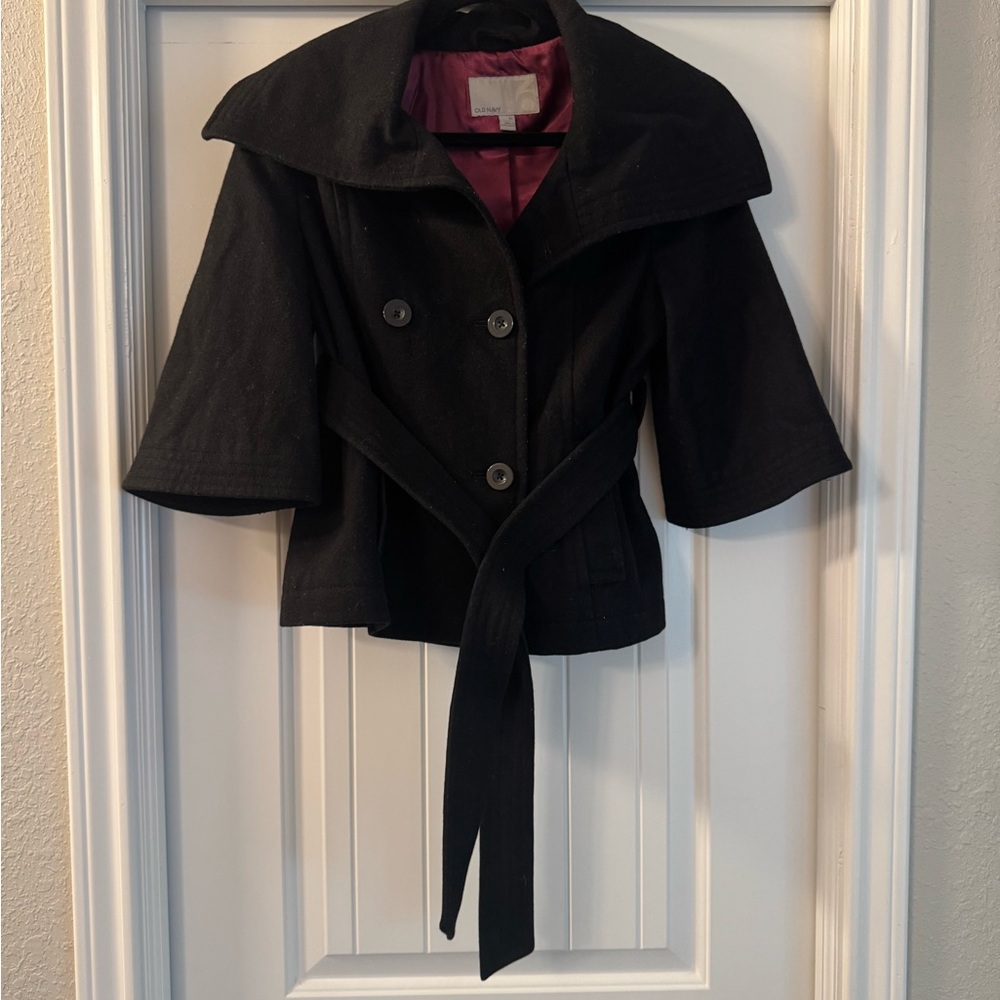 Old Navy | Black Pea Coat with Burgundy Lining